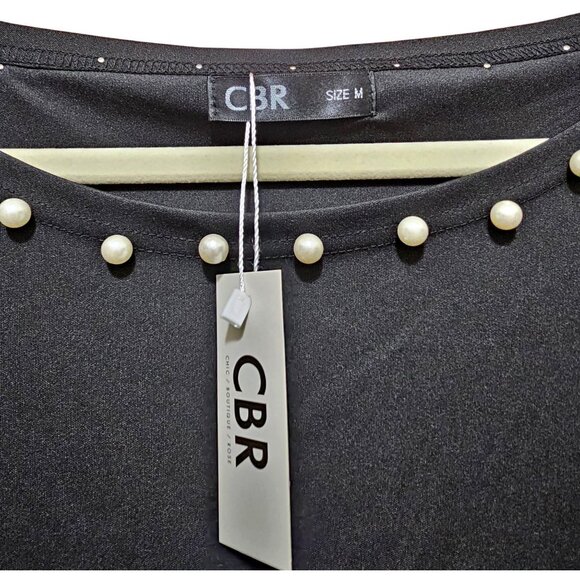 CBR Black Long‎ Sleeve Top With Pearl Neckline Embellishment Size Medium - Picture 3 of 8